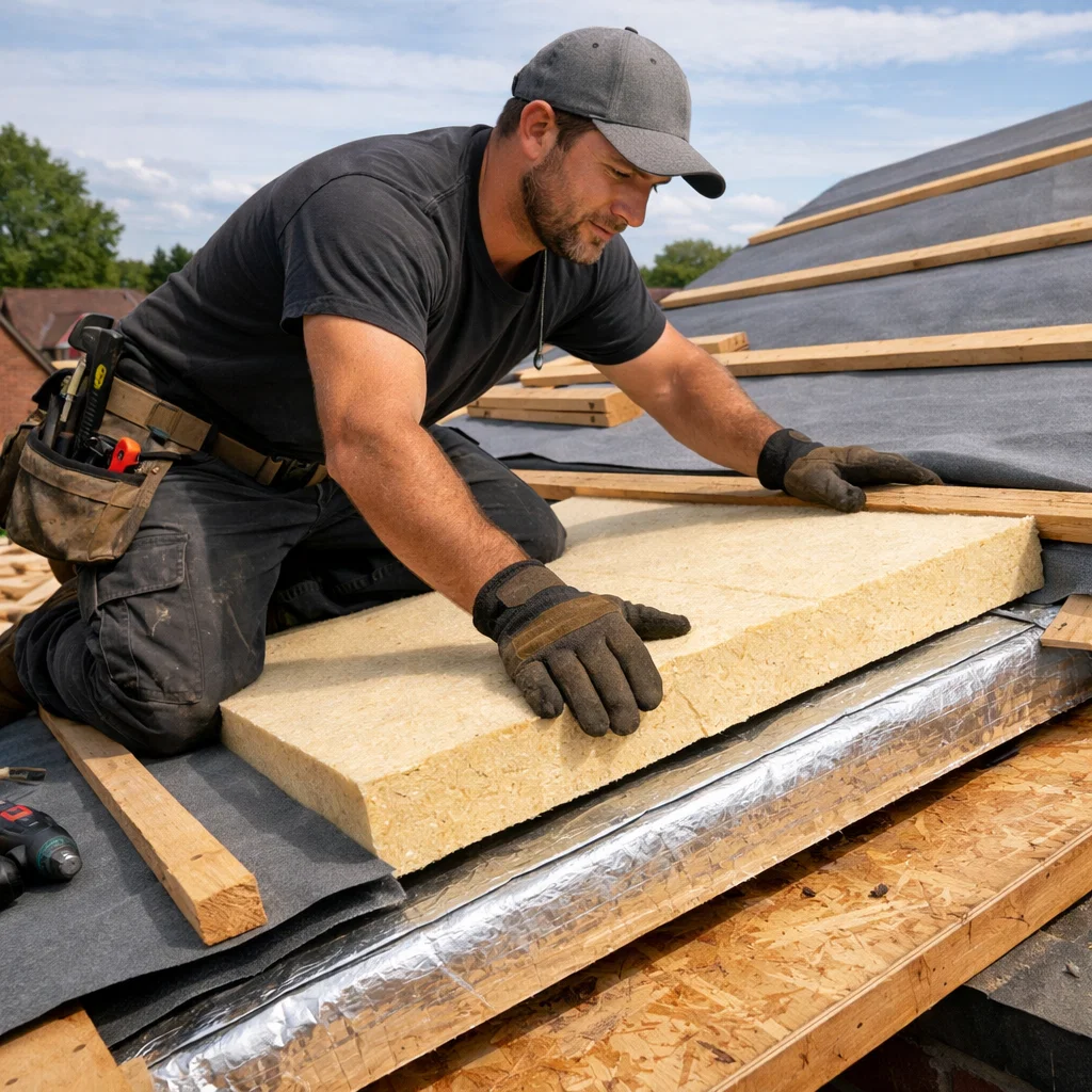 A roofer helping to construct a warm roof.