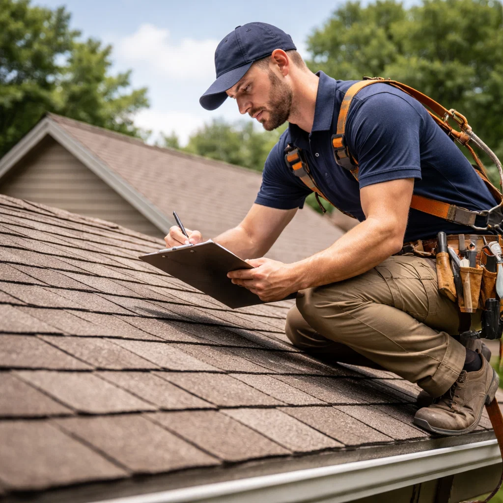 A roofer inspecting a clients property