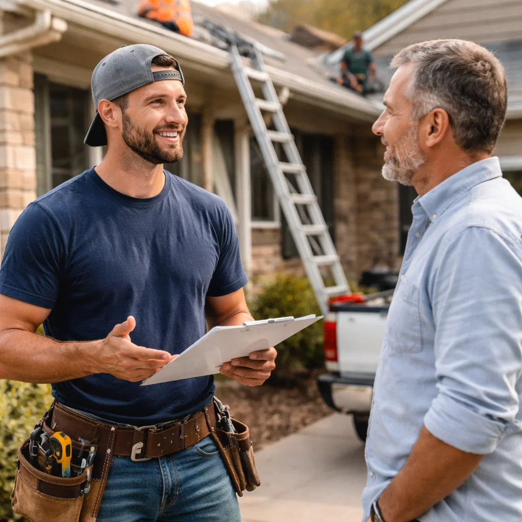 A roofer chatting with a client outside the clients house