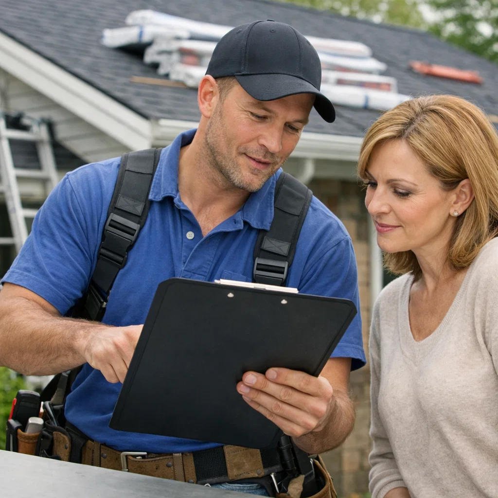 A roofer giving a client a quote