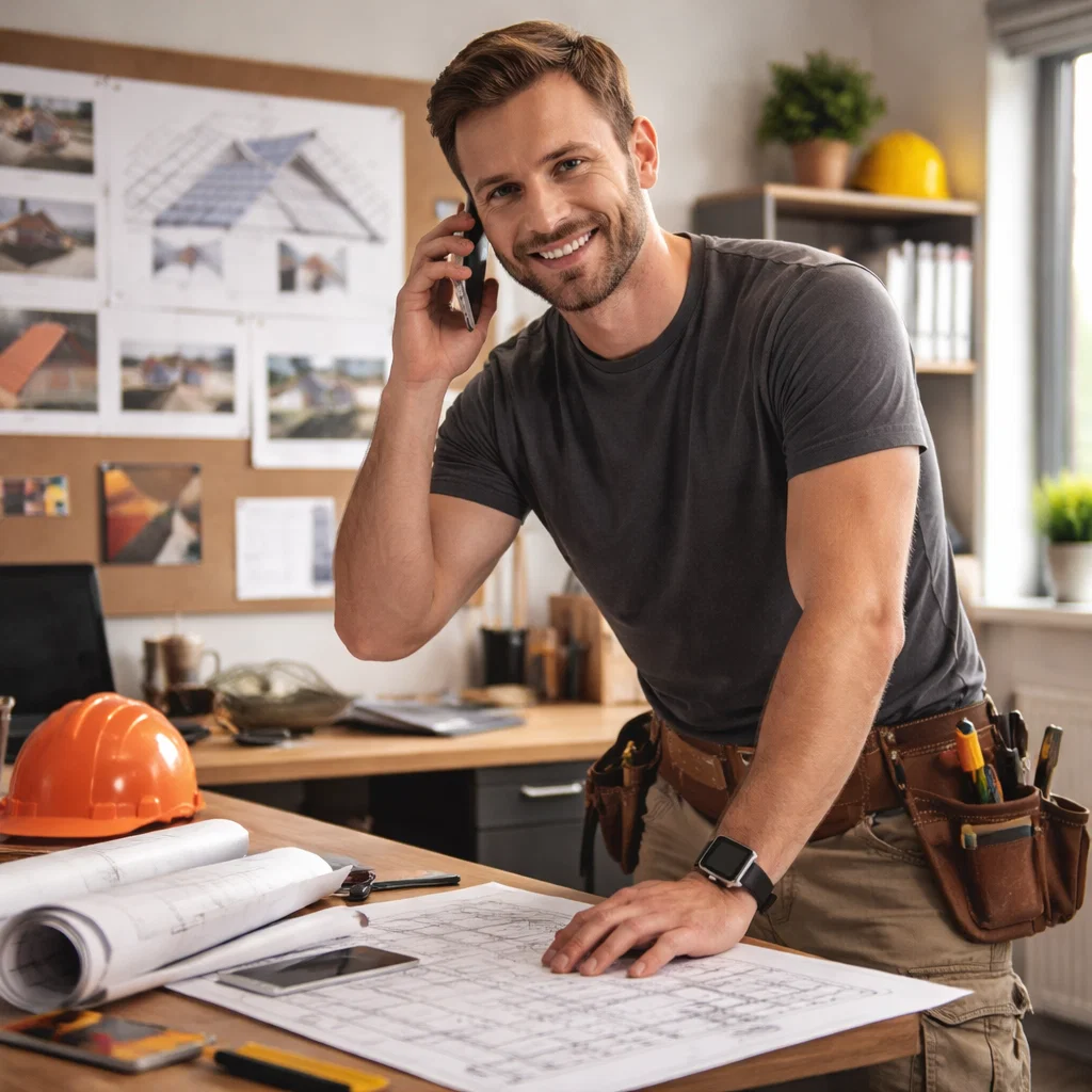 A roofer on the phone at his office